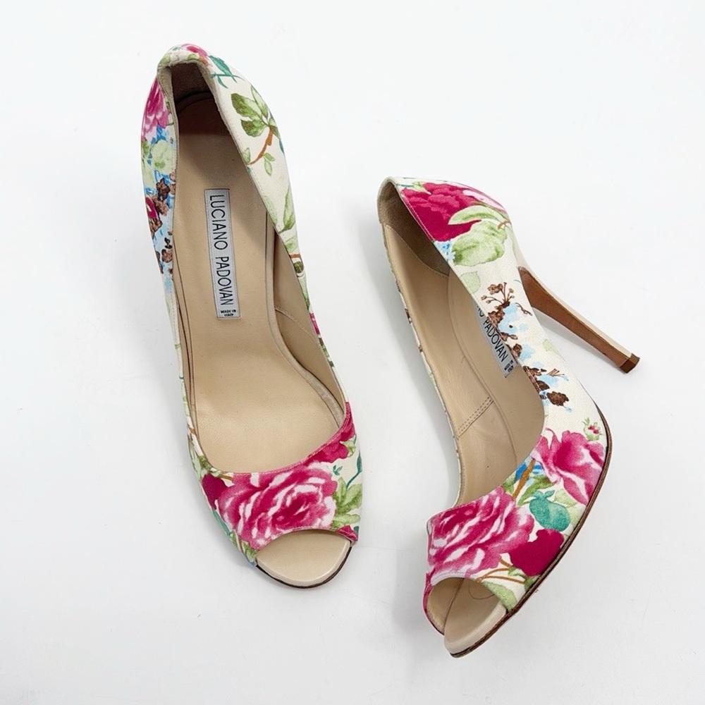 Luciano Padovan Peep toe Pumps Size 39 Allover Floral Print Stiletto Heels Pink